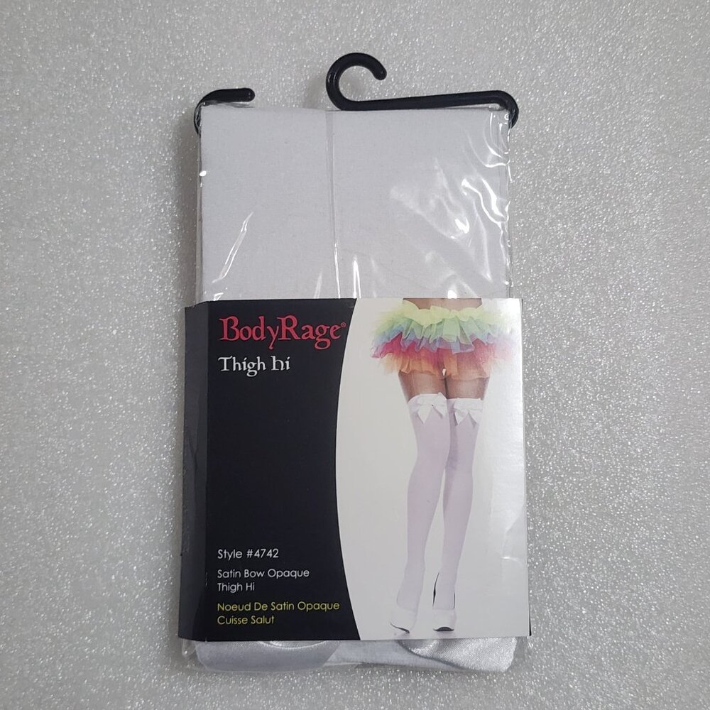 Body Rage Thigh Hi Satin Bow Opaque White Stockings Style 4742 New
